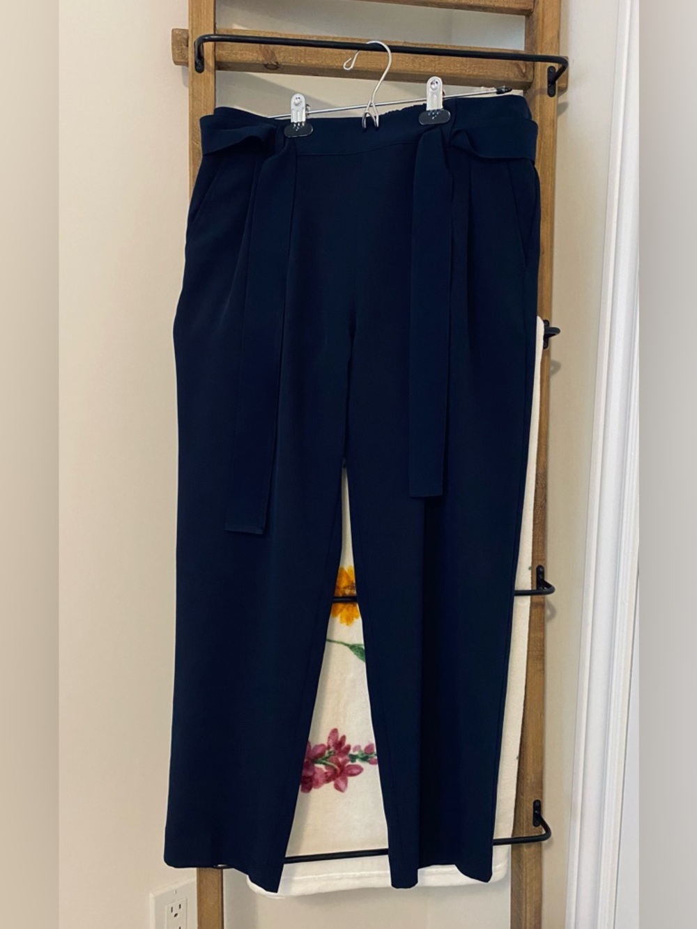LOFT Navy Tie-Belt High-Rise Tapered Leg Trousers